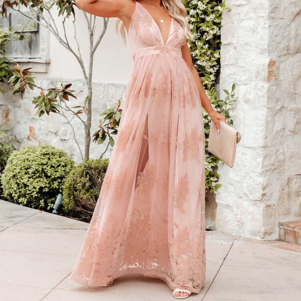 Luxxel Maxi Dress Mauve with Velvet Floral Detail Size Small